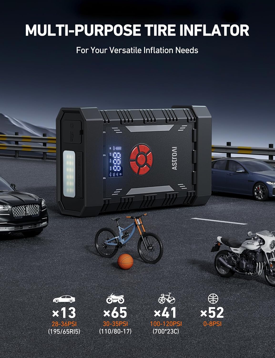 AstroAI A30 Jump Starter with Air Compressor, 4000A & 150PSI Portable Car Battery Jump Starter (10.0 Gas/8.0L Diesel) with Tire Inflator, 12V Battery Charger, 18W Quick Charge, Jumper Cables, Lights