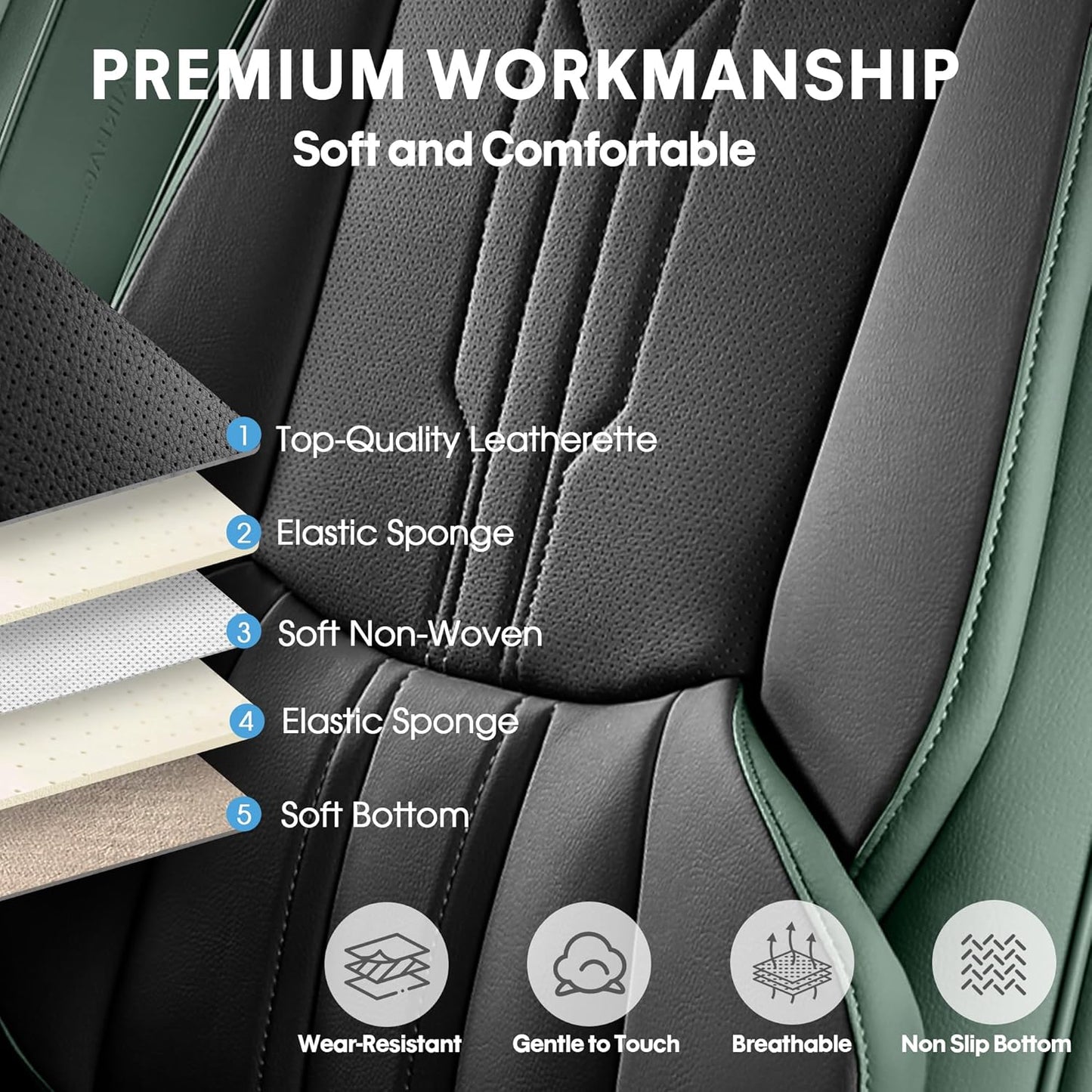 AOOG Car Seat Covers Full Set, Leather Seat Covers for Car, Waterproof Car Seat Protector with Lumbar Support, Automotive Seat Covers Universal Fit for Most Cars SUV Trucks (Full Set, Green&Black)