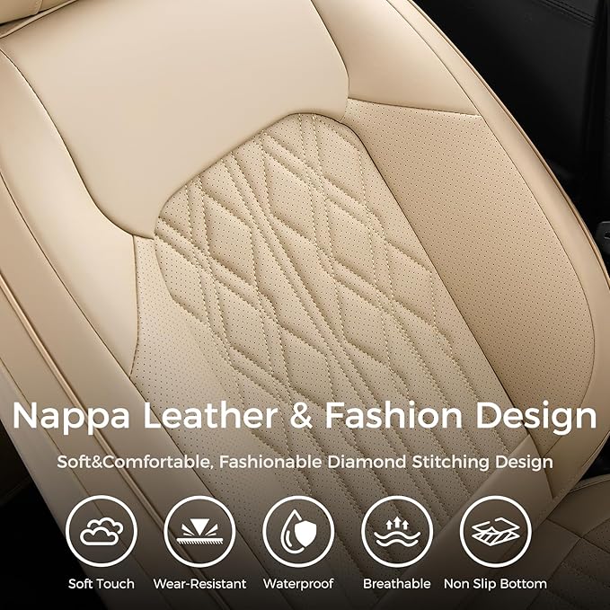 Huidasource Rear Seat Covers, Waterproof Nappa Leather Rear eat Covers for Split Bench, Universal Fit Automotive Back Seat Covers for Most Cars Sedan SUV Pickup Truck (Back Row/Beige)