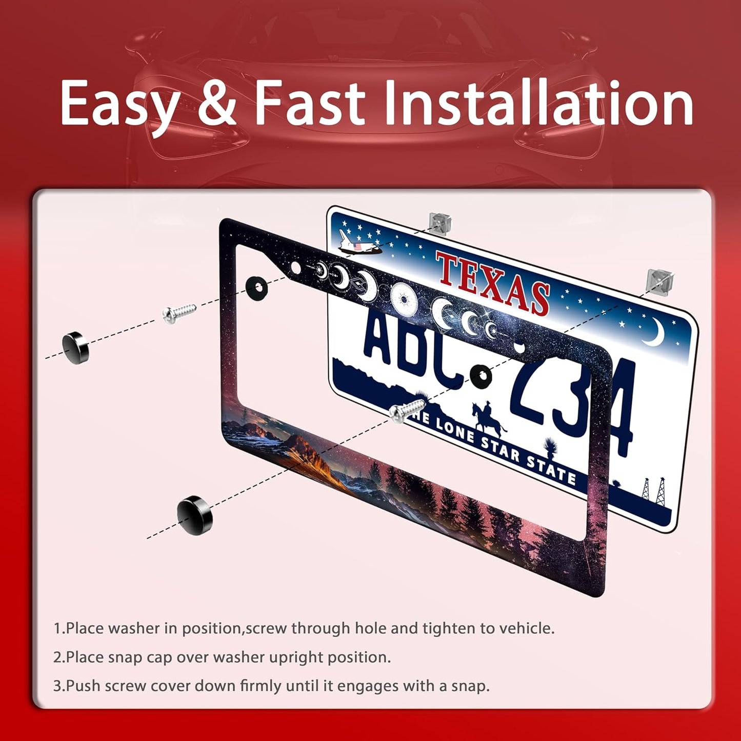 Moon Phases License Plate Frame Starry Sky Forest Moon License Plate Frames Funny Auto Accessories Bracket Stainless Steel License Plate 6.3x12.3 Inch for Women Men