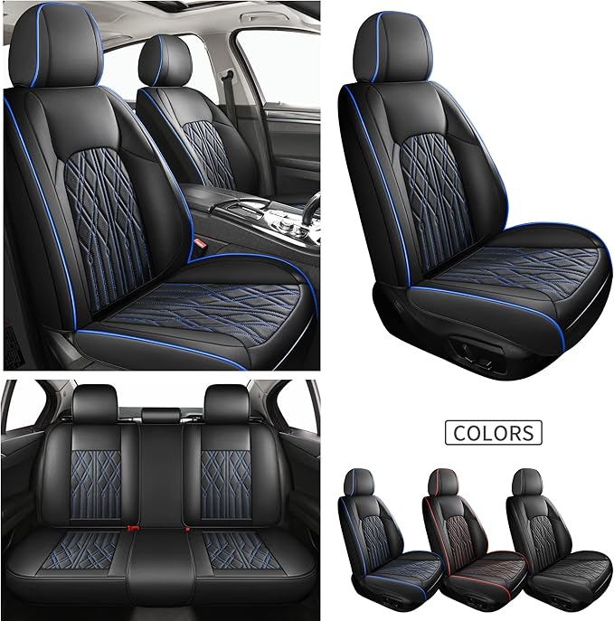 Huidasource Car Seat Covers Full Set, Leather Vehicle Cushion Covers, Universal Fit Most Car Sedan SUV Pickup Truck, Fit for Acura Honda City Nissan Altima Mazda Hyundai Audi (Full Set/Black&Blue)