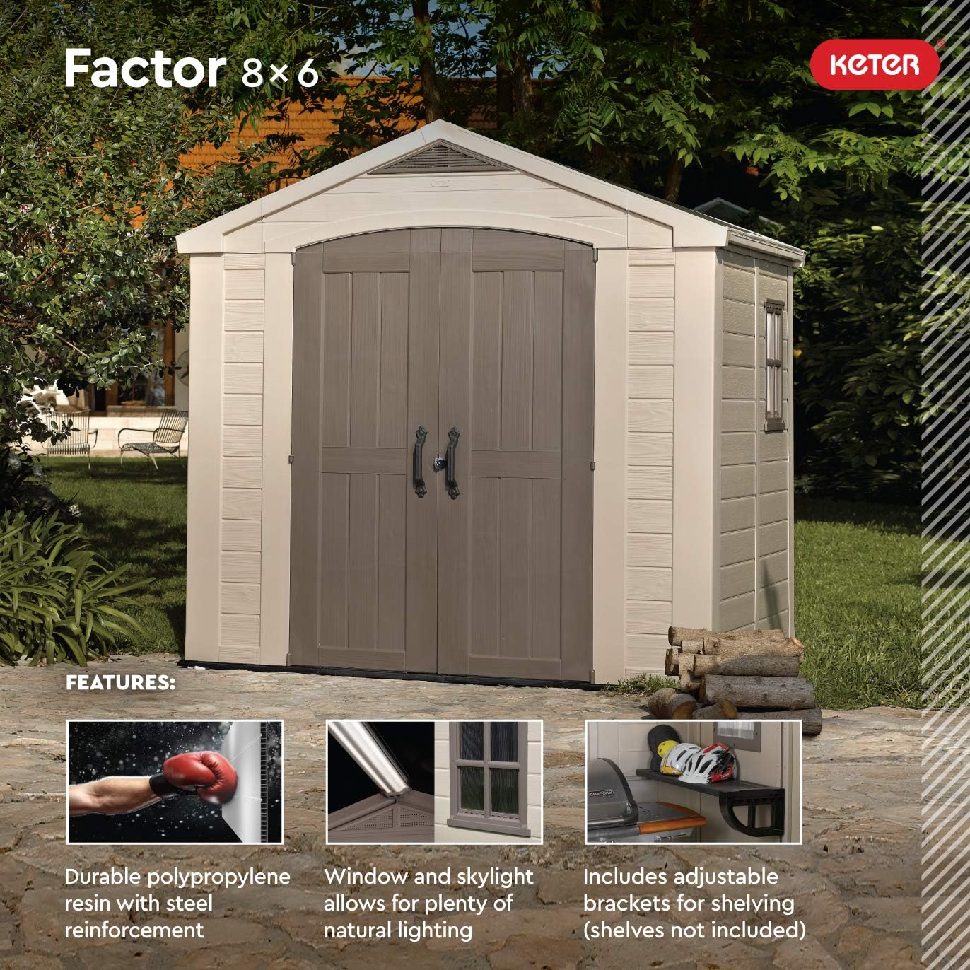 Keter Factor (8x6 ft) Large Resin Outdoor Storage Shed for Patio Furniture, Lawn Mower, Garden Accessories Yard Tools, and Pool Toys, Taupe