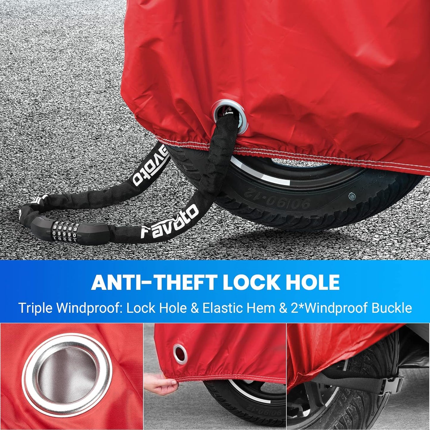 Favoto Motorcycle Cover Waterproof Outdoor - 104 inches Length All Season Universal Weather Sun Rain Protection Night Reflector with Lock-Holes & Storage Bag Motorbike Vehicle Cover, Red