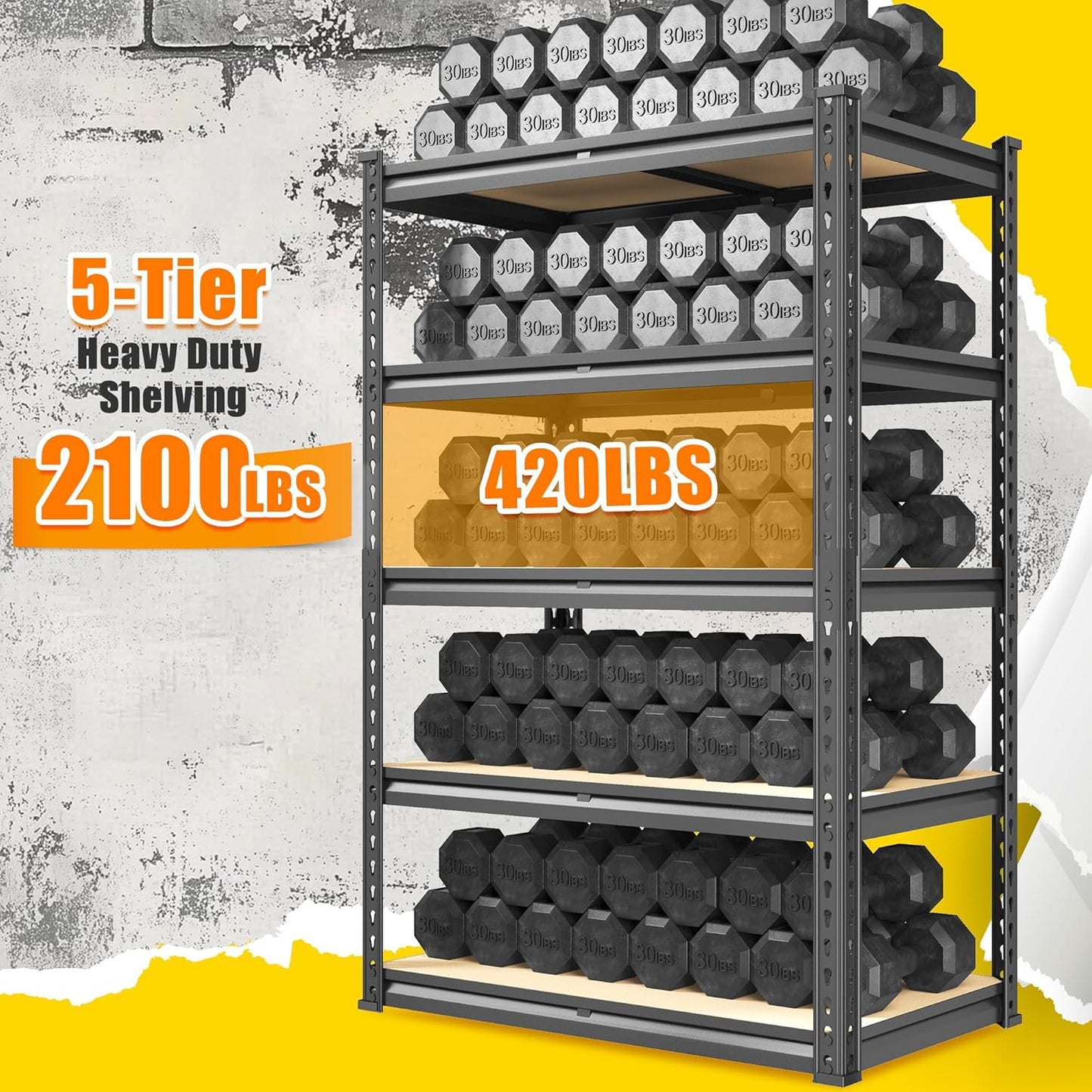 72.12" H Garage Shelving, Storage Shelves Load 2100LBS, 5-Tier Adjustable Shelving Unit with Thickened Wooden Boards for Multiple Scenarios, 72.12" H x 35.55" W x 11.85" D, Black, 3 Pack