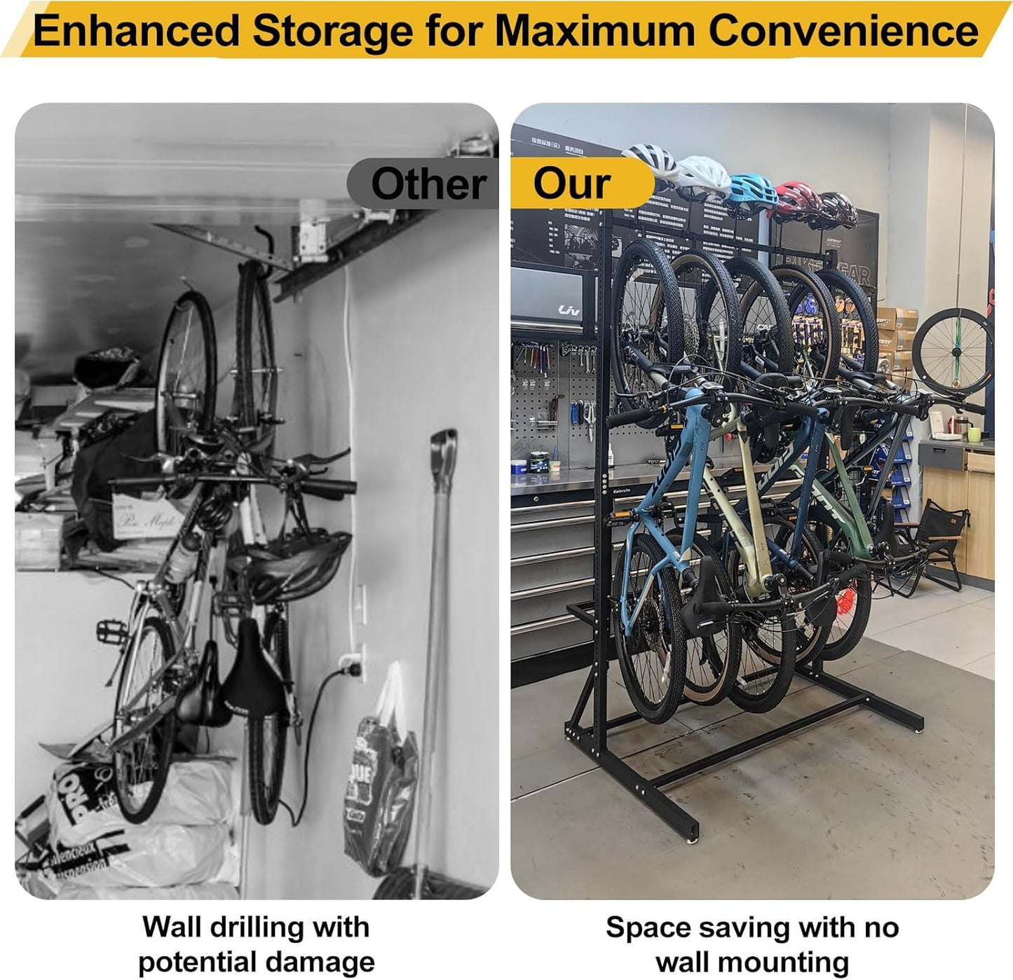 Upgraded Freestanding Bike Rack Storage - Vertical Bike Stand Max 5 Bikes with Helmet Holders, Heavy-Duty Solid Steel Bicycle Stand Indoor Garage Floor Stand