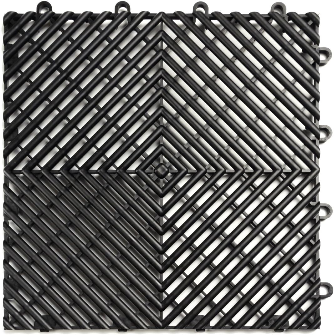 Big Floors RaceDeck Free-Flow Interlocking Garage Flooring Tiles, Non-Slip, Self-Draining, Heavy-Duty, High-Impact Copolymer, Easy Install (Black, 12 Pack of 12 x 12" Tiles)