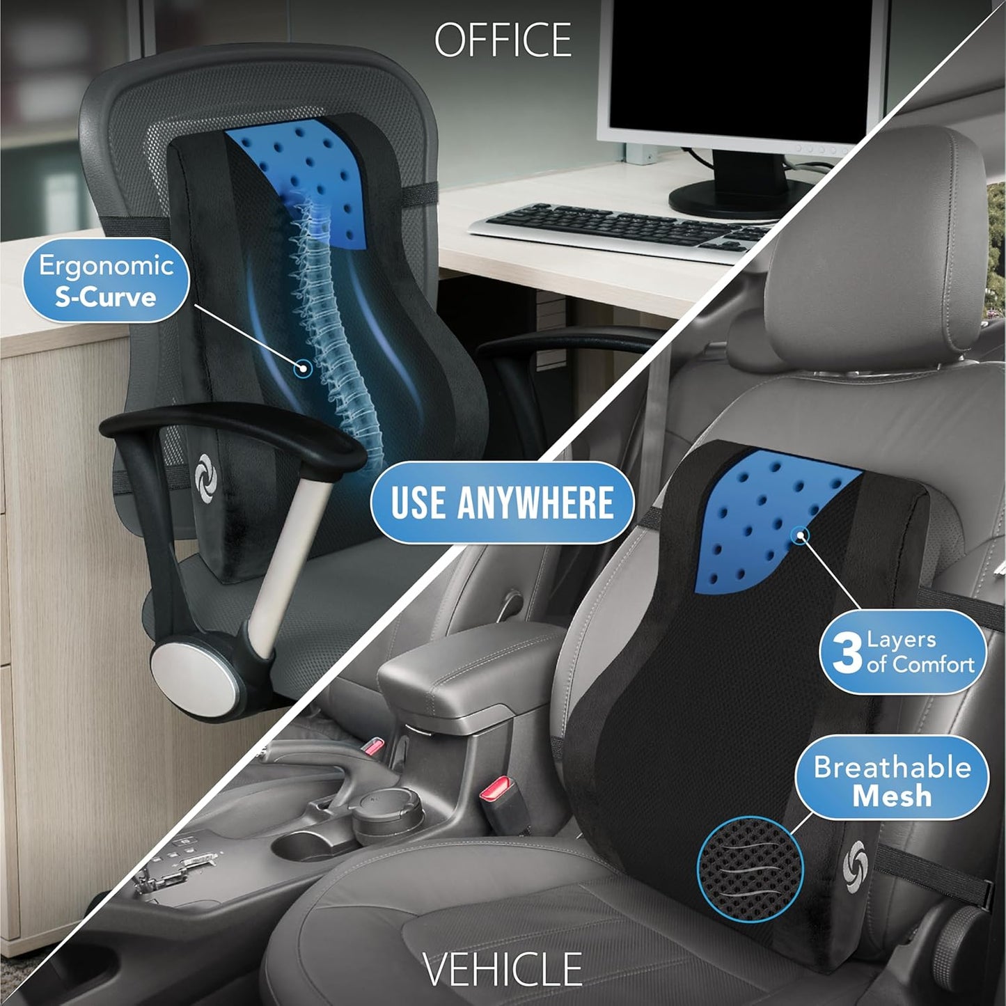 Samsonite Lumbar Support Pillow Mid and Lower Back with Cooling – Office Chair Back Cushion, Gaming Chair, Desk Chair, Car Seat Lumbar, Work from Home Office Accessories, Black with Cooling