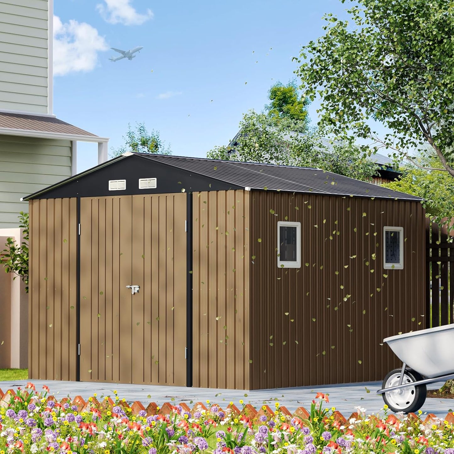 10X10X7.5 FT Outdoor Steel Storage Shed with Lockable Doors, 2 Windows, Frame Floor (No Wood/Other Boards), Ideal for Garden, Backyard, Patio Storage,Brown