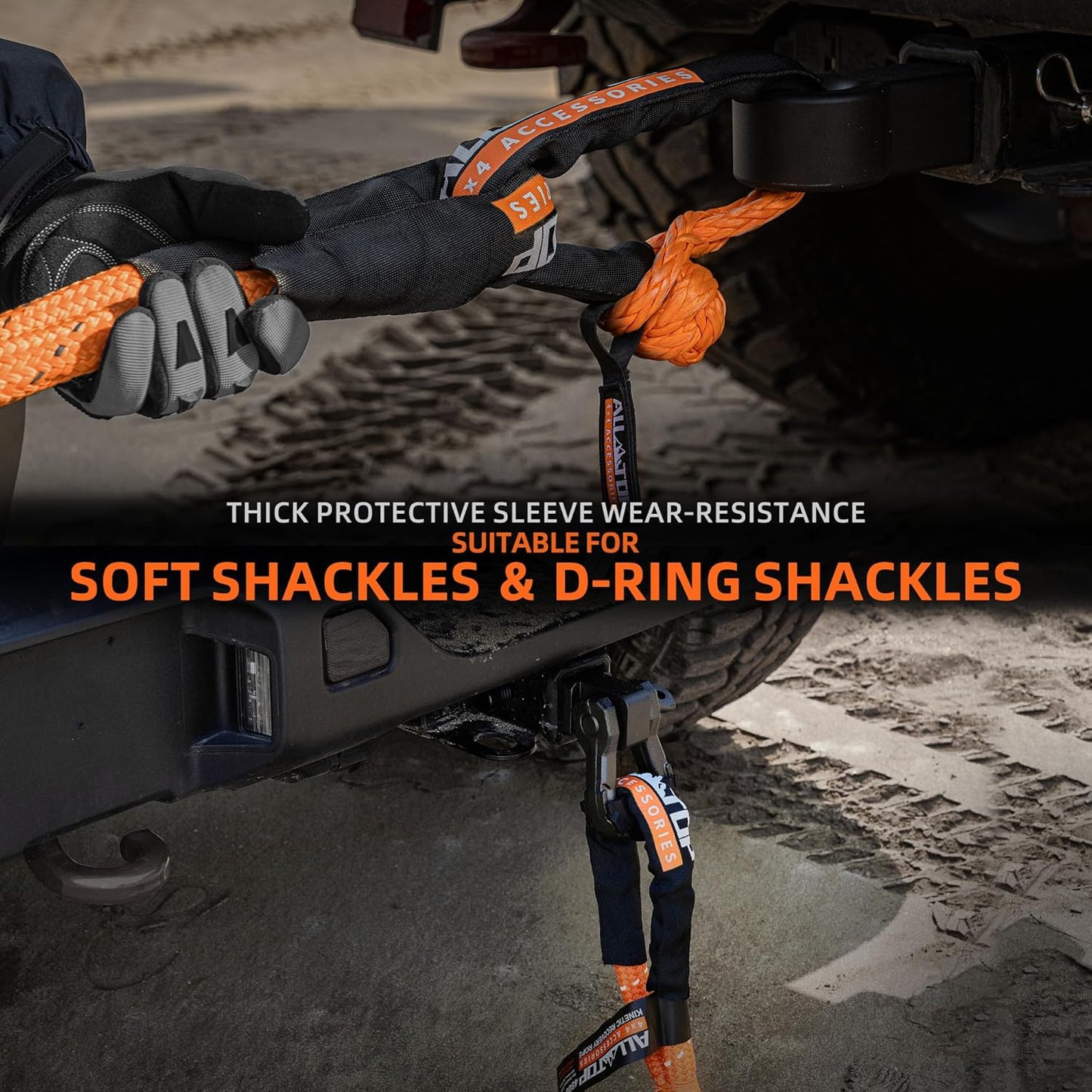 ALL-TOP Kinetic Rope Kit (Reflective) w/ 2 Soft Shackles, 48000Lbs, 1in x 30ft, Heavy Duty 30+% Elasticity, 16000Lbs Work Load Limit