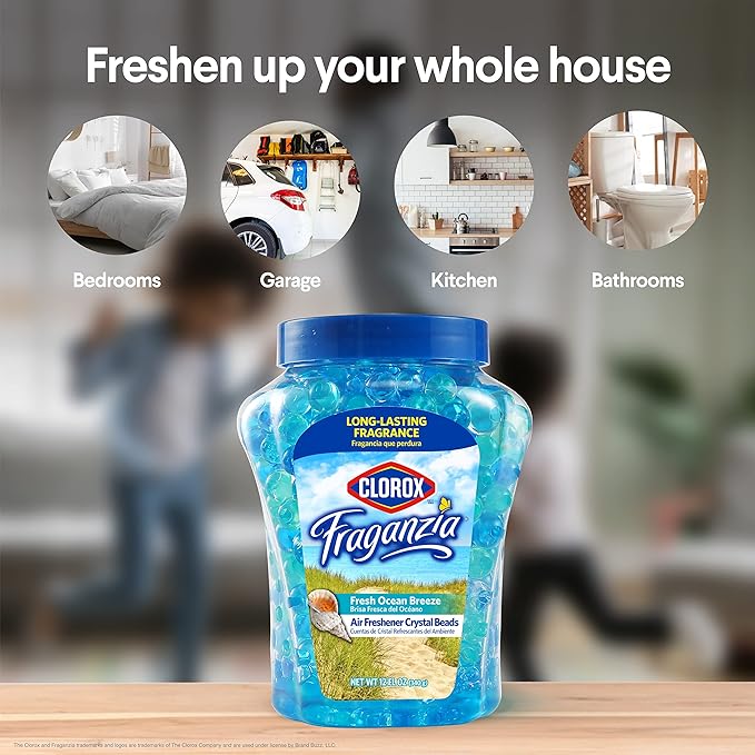 Clorox Fraganzia Crystal Beads Air Freshener in Fresh Ocean Breeze Scent - Long-Lasting Room Deodorizer - Odor Eliminator Gel Beads to Freshen Home, Car, or Office, 12 Fl Oz
