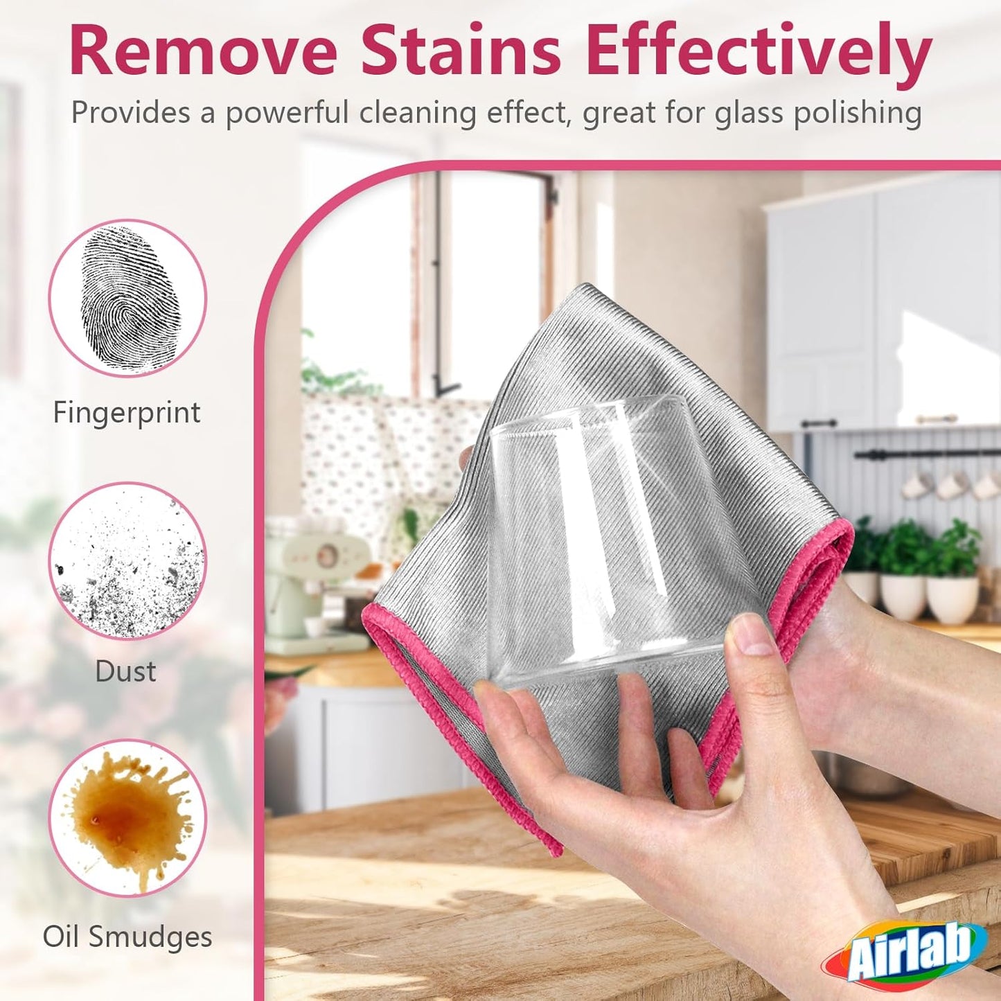 Glass Polishing Cloth Streak Free Miracle Microfiber Cleaning Cloth Lint Free Cleaning Rags for Glasses Kitchen Dish Mirrors Easy Clean, Pack of 6, 12" x 12", Sliver-Pink