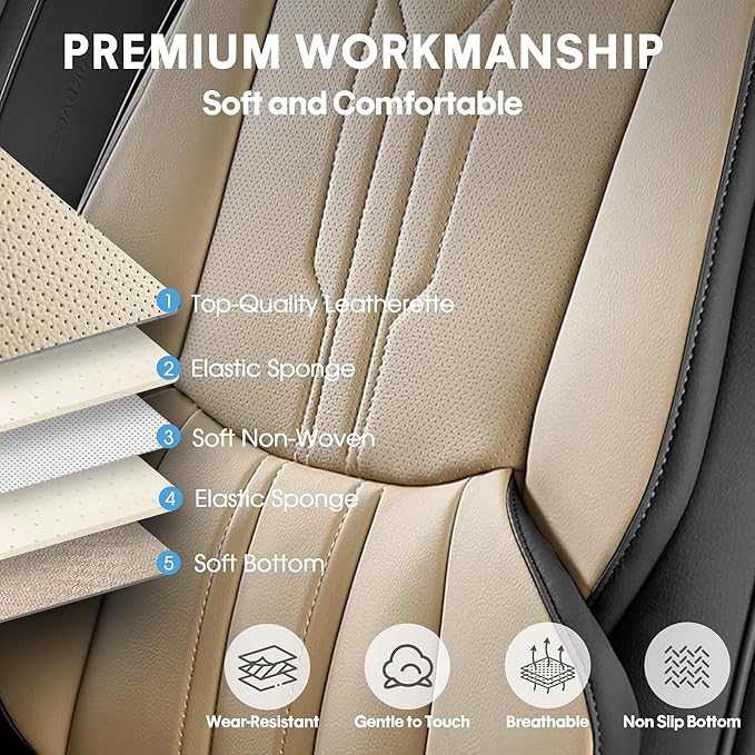 Car Seat Covers Custom Fit for Ford F150 2009-2026, Faux Leather Seat Cover Set for 2017-2026 F250 F350 F450, Acommodating Regular Cab Super Cab Super Crew Pickup Truck Cushions(BeigeBlack, Full Set)