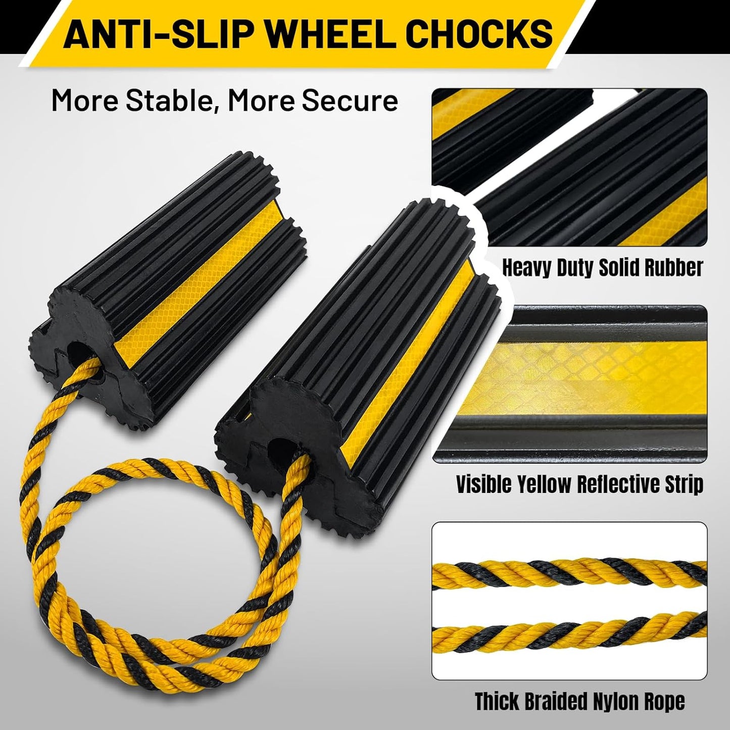 ROBLOCK Heavy Duty Wheel Chocks, Rubber Wheel Block Non-Slip Base with Nylon Rope Yellow Reflective Tape - 1 Pair Black, Wheel Stoppers for Travel Trailers, RV, Aircraft, Car, Camper, Truck