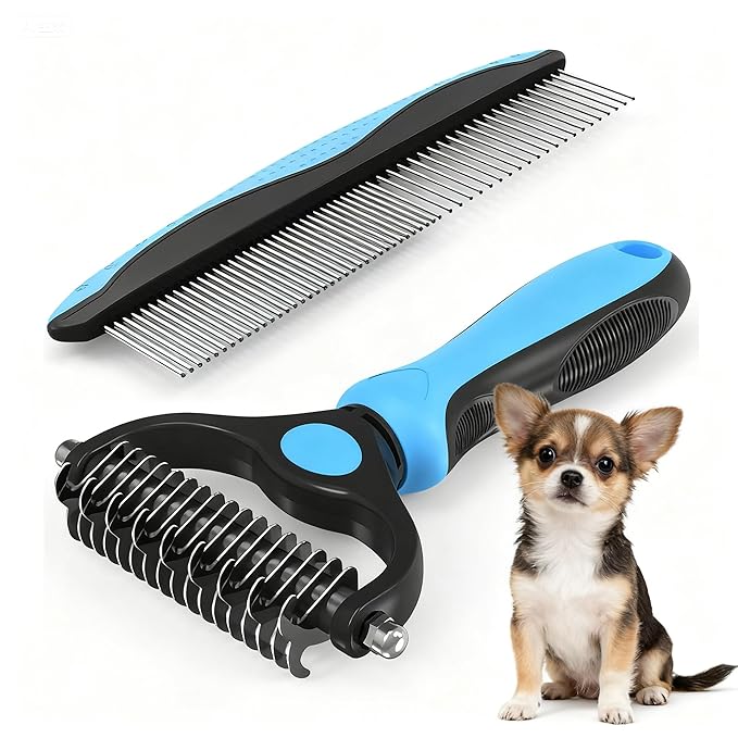 Double-Sided Pet Dematting Comb – 2-in-1 Undercoat Rake for Dogs & Cats, Stainless Steel Blade + PP Handle, Removes Tangles & Floating Hair, Lightweight 113 g, Home Grooming Tool