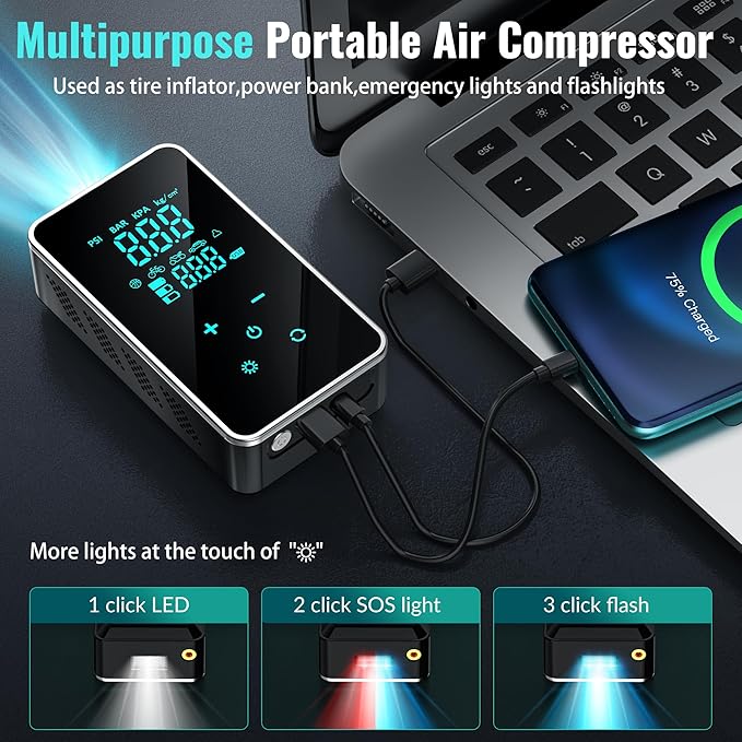 Tire Inflator Portable Air Compressor for Car Tires-Super Battery Air Pump 150 PSI- Tire Pump Electric with Touch Screen-Portable Tire inflator with Gauge for Bike, Motocycle, Ball (Black Green)