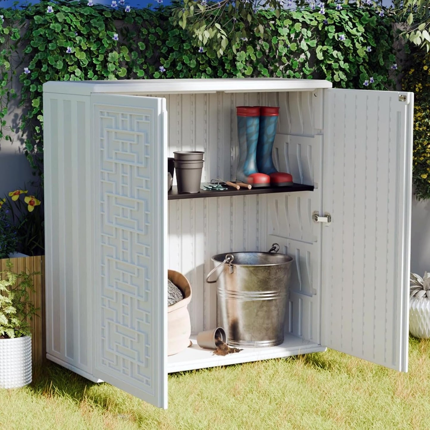 Indoor Outdoor Storage Cabinet Waterproof with Shelf, Off White Plastic Outdoor Cabinets for Patio/Garden/Backyard, Size 34.3''L*15''W*36.2''H