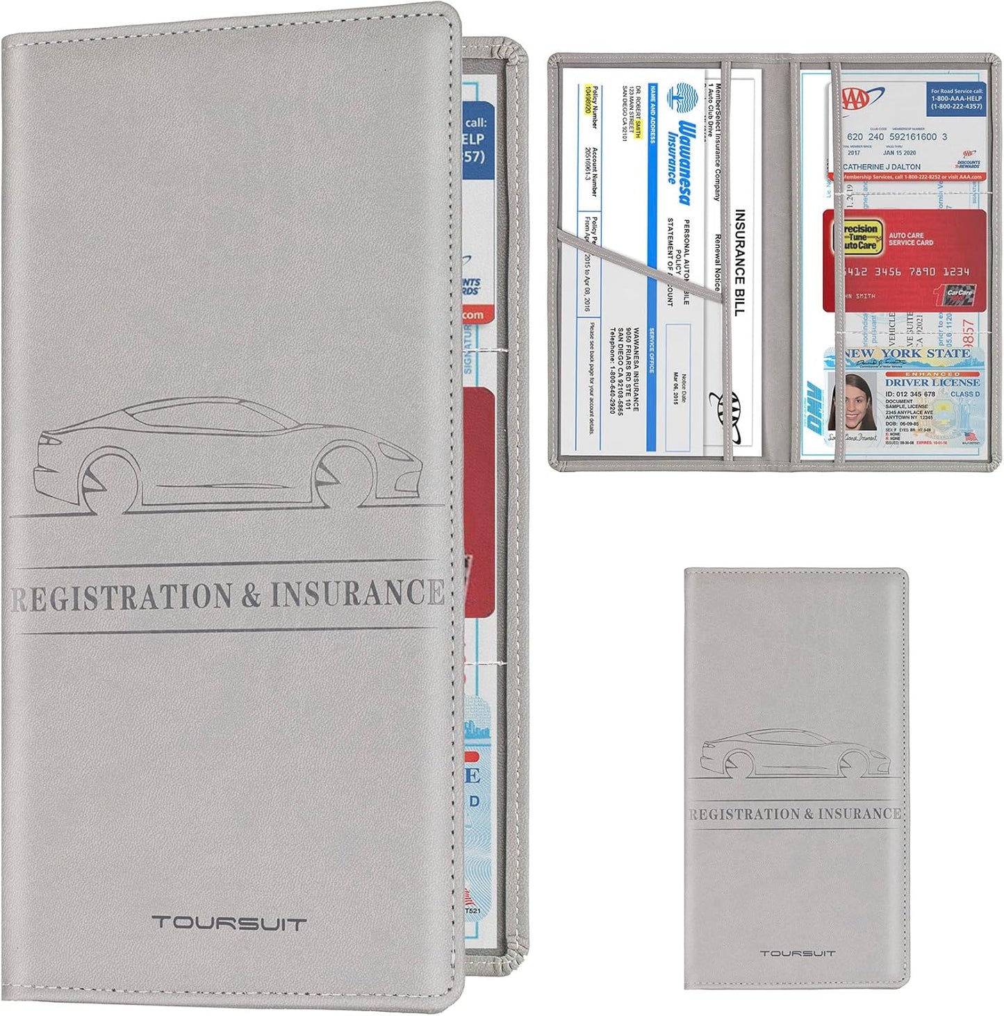 TOURSUIT Car Registration and Insurance Card Holder, Vehicle License Document Glove Box Compartment Organizer, Interior Car Accessories for Women Men Teens (Grey)