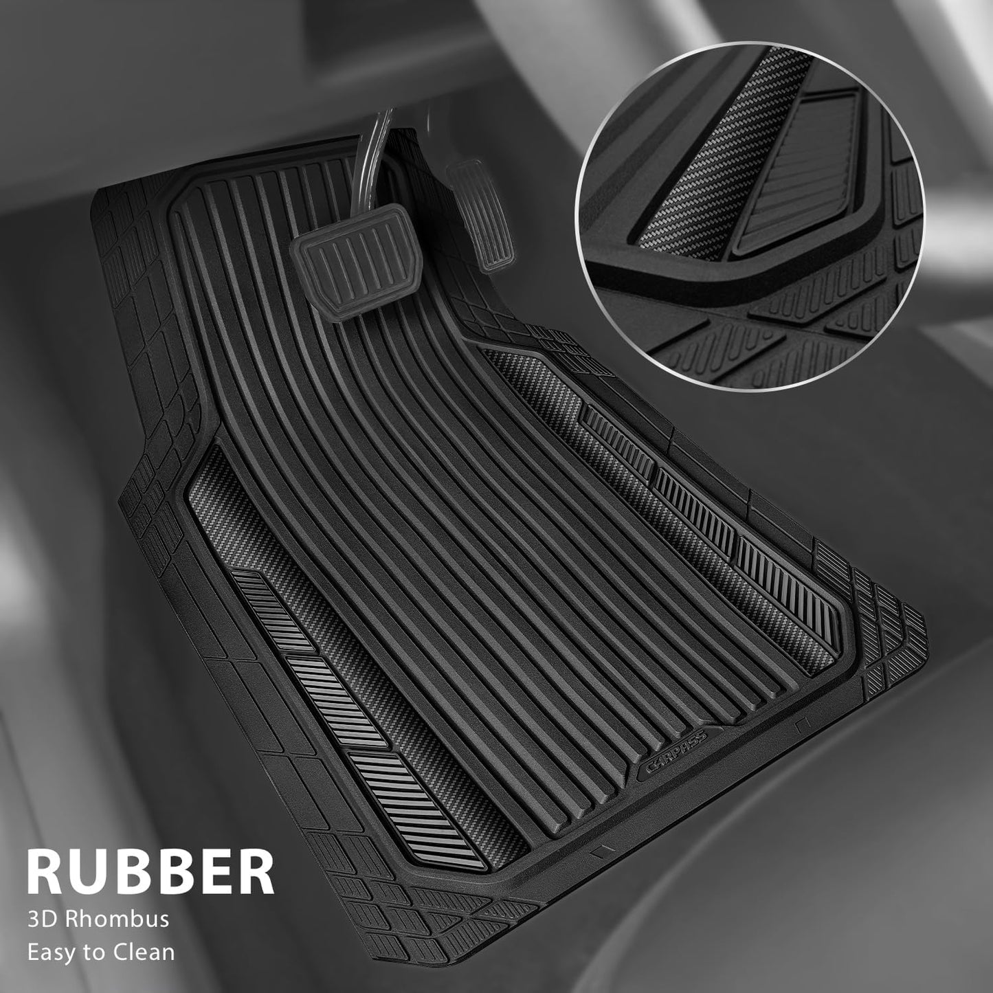 CAR PASS Heavy Duty Rubber Car Mats Metallic,Aluminum Film All Weather Floor Mats Waterproof Universal Trim to Fit SUVs Sedans Vans 4 Piece Anodized Deep Dish Two-Tone Sporty Carbon Fiber Black Chrome