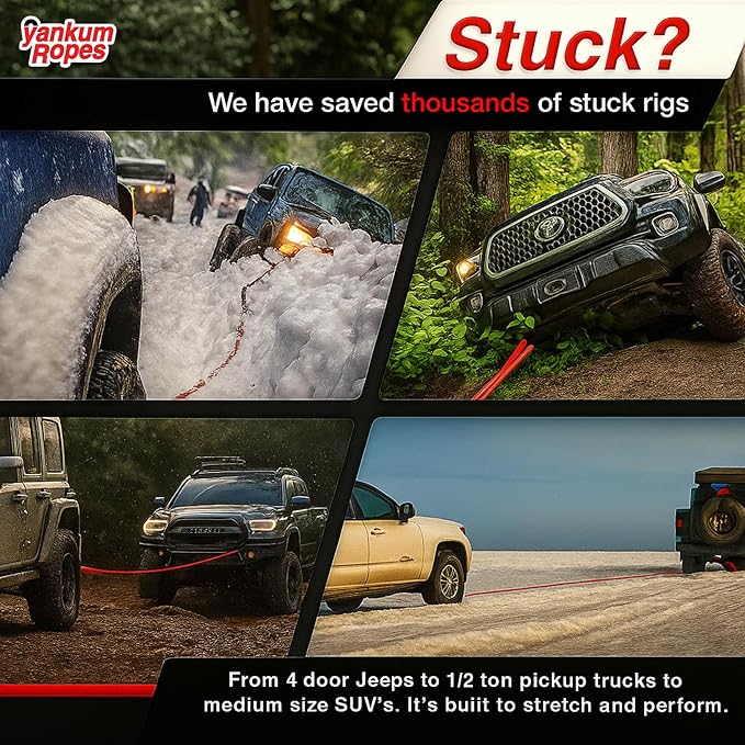 Yankum Kinetic Recovery Rope 5/8”x20’, 2 Soft Shackle 5/16” & Nylon Bag (Small) – Heavy Duty Tow Rope, Synthetic Recovery Shackle, Waterproof Tool Bag for Off-Road, Jeep, Truck Recovery, Made in USA