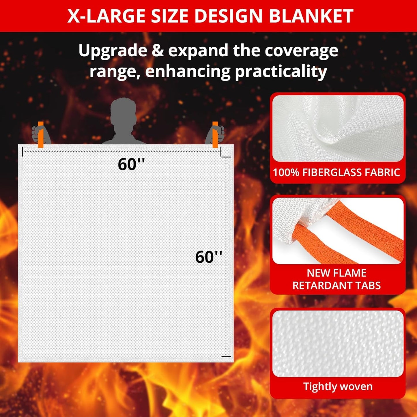 SecuCaptain Emergency Fire Blanket for Home - 60"x60" X-Large 4 Pack Flame Retardant Blankets with Fireproof Tabs for House Camping Kitchen Fire Protection Survival Safety