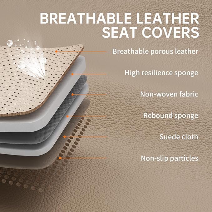 Car Seat Covers Full Set, Nappa Leather Seat Covers for Cars, Beige Car Seat Protector Waterproof, Car Seat Covers Front Seats and Back Fit for Most Cars SUVs Trucks