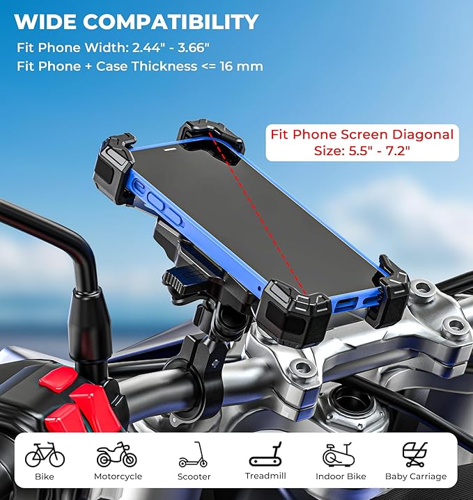 Motorcycle Phone Mount with Vibration Dampener, 1s Lock Bike Phone Holder with Aluminum Alloy Handlebar Mounting Base, One-Handed Operation Motorcycle Cellphone Mount for 5.5"-7.2" Smartphone