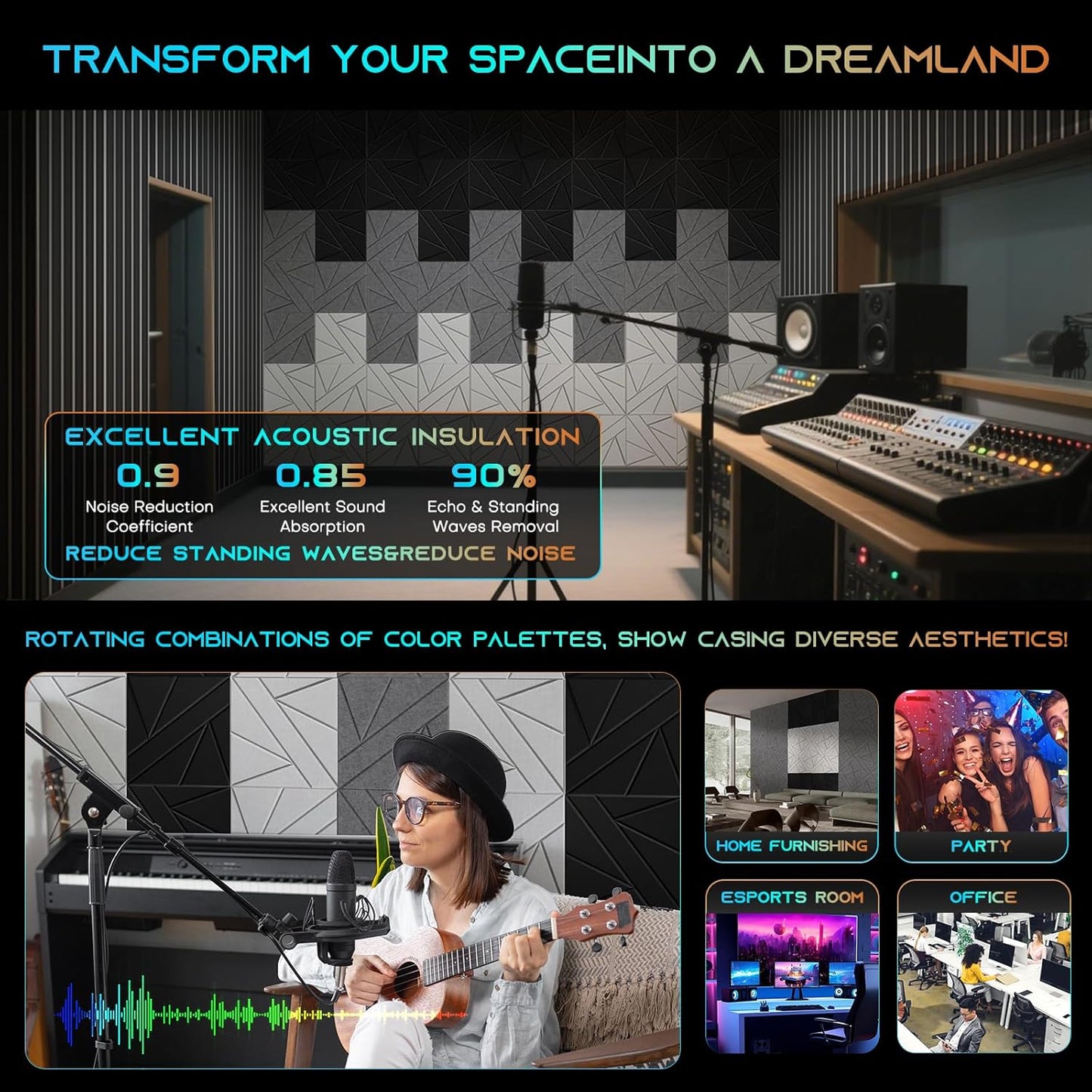 16 Pack Self-Adhesive Soundproof Wall Panels, 12 x 12 x 0.47 In Sound Proof Foam Panels for Walls, 1.2lb/ft³ High Density, Thicker 0.47in, Acoustic Panels, Noise Dampening Panels Studio Black