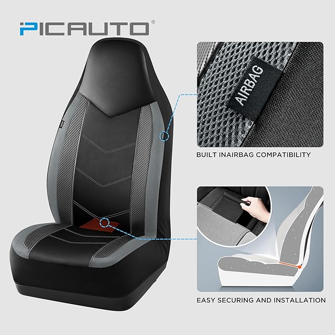 PIC AUTO Leather Car Seat Covers, Sports Carbon Fiber & Mesh Design, High-Back Full Set, Waterproof Automotive Seat Covers, Airbag Compatible, Universal Fit for Cars, SUVs, Trucks (Black & Gray)