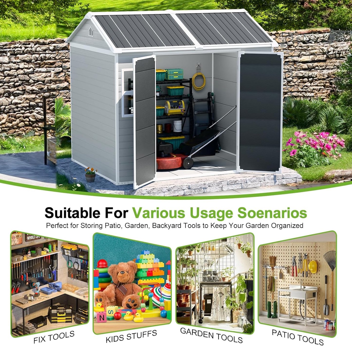 8x6 Shed Plastic Outdoor Storage with Floor Included, Waterproof Lockable Garden Shed Resin Tool Shed Cabinet