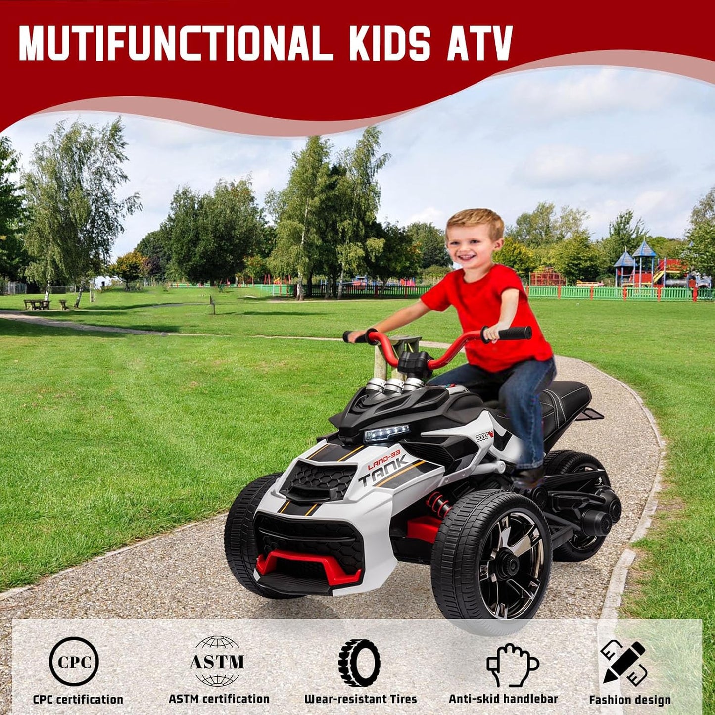 12V Kids Electric Ride-On Car with Parent Remote Control, 7MPH, 2 Speeds, 2x55W Motor, LED Lights, Music, USB & EVA Tires, 3 Wheel Battery Powered Toy Vehicle for Toddlers (White1)