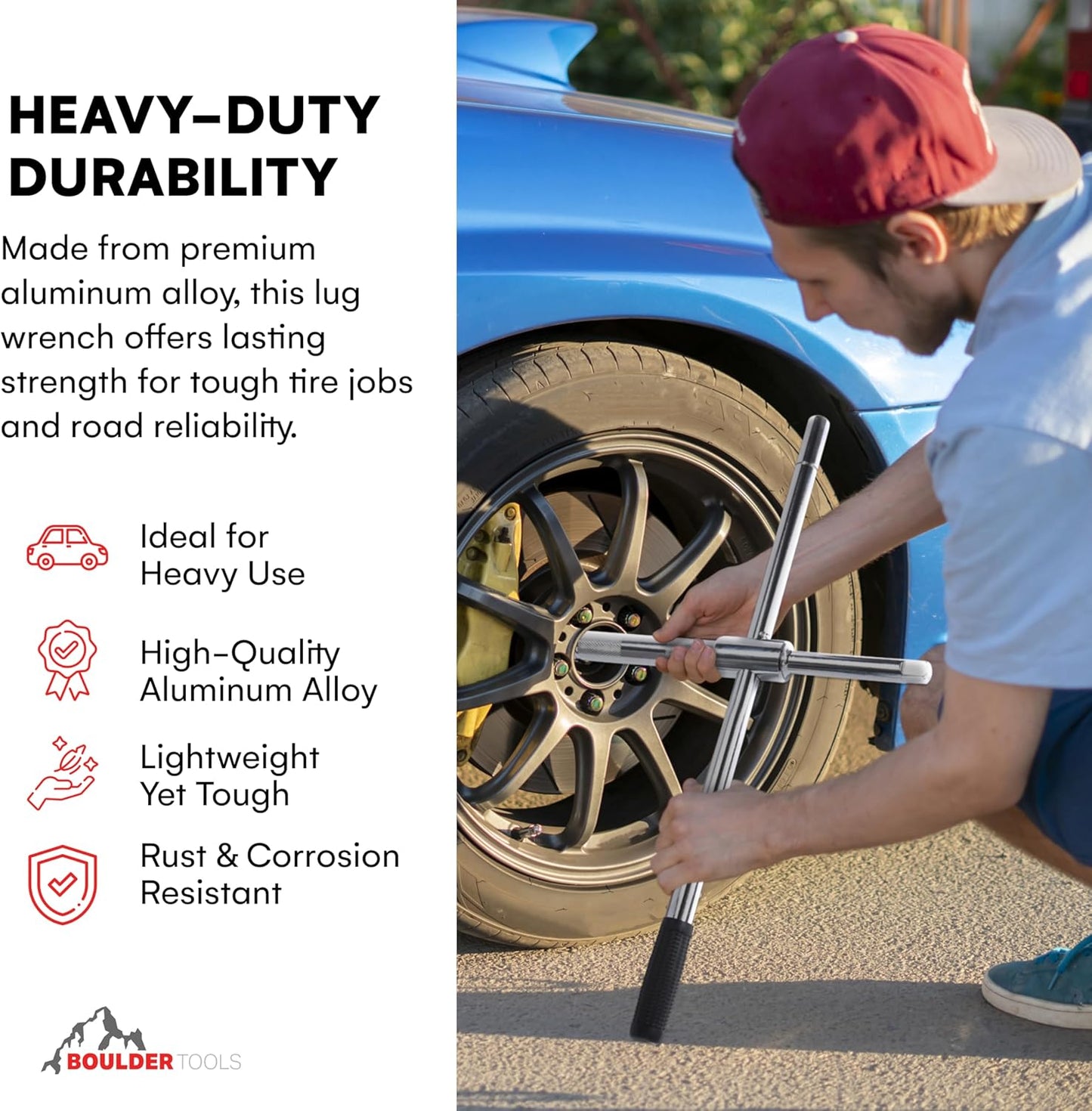 Boulder Tools 23 inch 4 Way Lug Wrench - Universal Telescopic Tire Removal Tool for Car and Truck - Portable Heavy Duty Tire Changing Tool for 19 mm and 21 mm Nuts - Durable Silver Aluminum Alloy