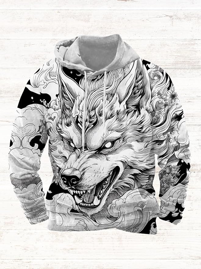 Mens Animal Print Graphic Hoodies Casual Long Sleeve Japanese Art Style Hooded Sweatshirt Lightweight Pullover Tops