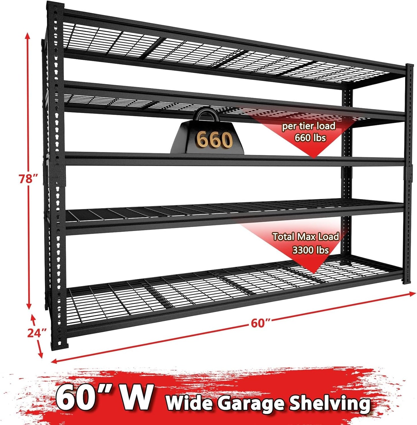 Storage Shelves, Garage Shelving Heavy Duty 3300 LBS Capacity, 60" L x 24" W x 78" H Adjustable Metal Shelving Organizer Wire Rack, 5 Tier Utility Shelf Unit for Pantry Closet Warehouse Organization