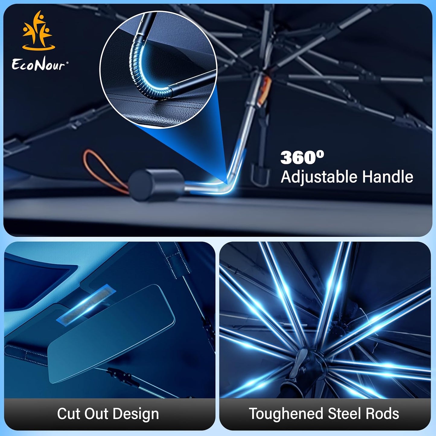 EcoNour Car Windshield Sunshade Umbrella | Foldable Car Umbrella Sun Shade Cover | Front Windshield Shade for Heat and UV Rays Protection | 240T Polyester Umbrella Sunshade | Large (57"x35")