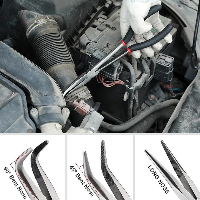 Mayouko 6PCS Extra Long Reach Pliers Set, 11" Straight, 45 and 90 Bent Nose, 5/16", 1/2" and 3/4" Circle Nose Pliers