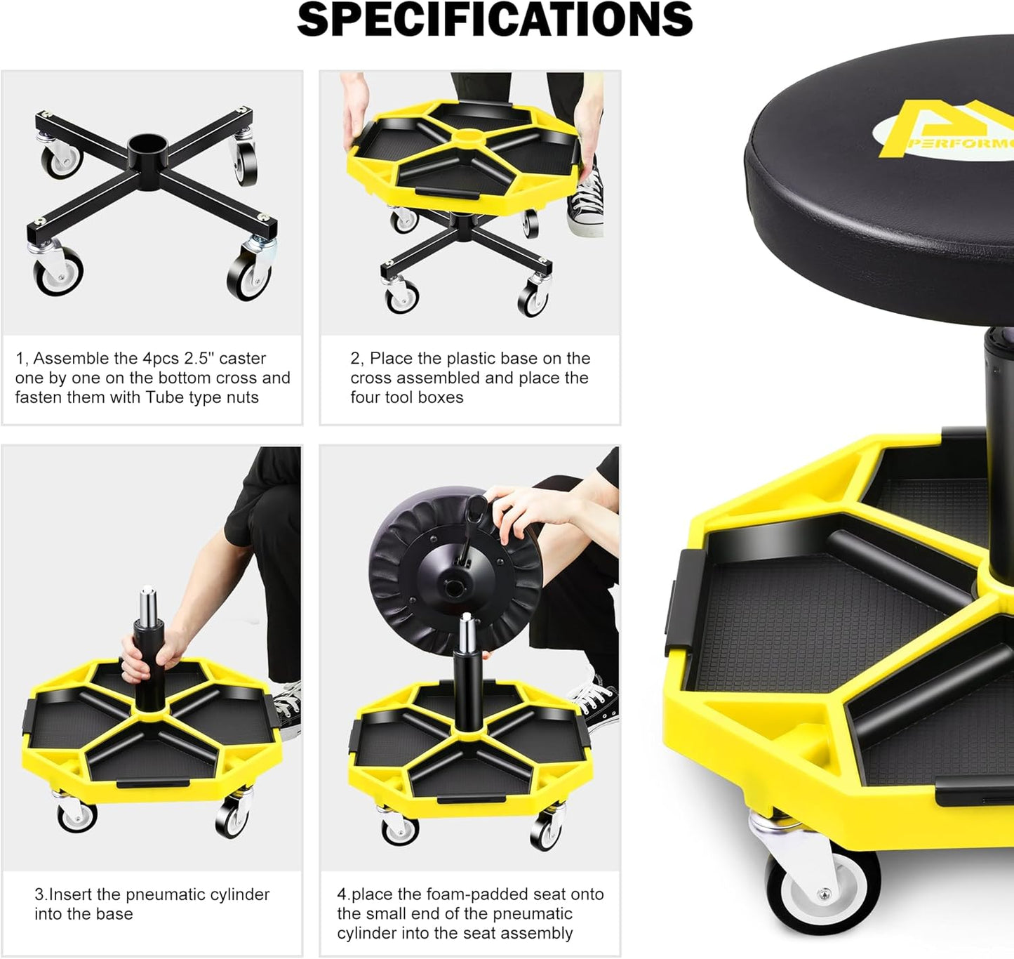 PM PERFORMOTOR Adjustable Height Pneumatic Garage Seat Rolling Mechanic Stool with Tool Tray Storage,300lbs Max Weight Capacity, Yellow,PM-TOL-ATS-YL