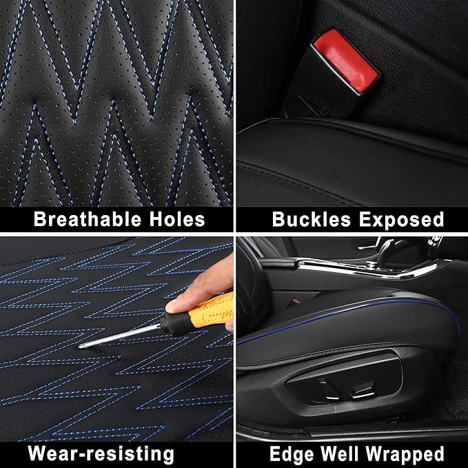 Huidasource Car Seat Covers, Waterproof Leather Vehicle Cushion Covers, Universal Fit for Most Sedan SUV Pickup Truck, Fit for Jeep Acura Honda Civic Nissan Mazda Dodge Buick (Full Set/Black&Blue)