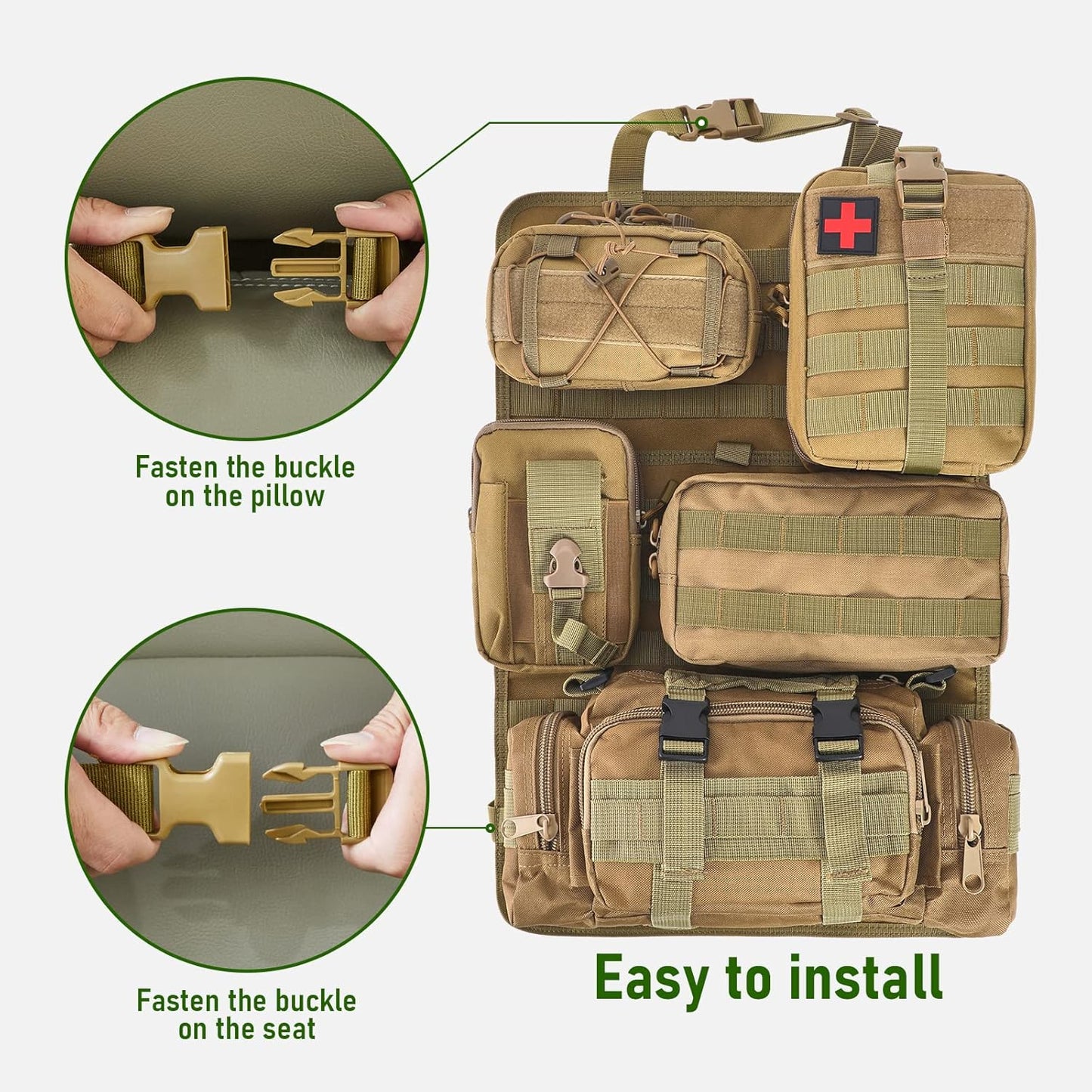Universal Tactical Seat Back Organizer Vehicle Molle Panel Organizer Storage Bag with 5 Detachable Molle Pouch for All Vehicel Such as Jeep,Truck,SUV, Car, Ford,Chevy etc