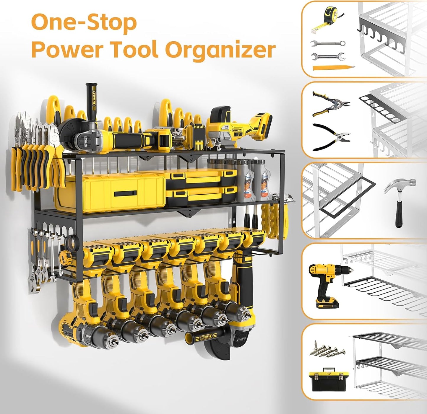 Power Tool Organizer Wall Mount Cordless,15 Min Fast Install Metal Garage Tool Storage Organizer Heavy Duty 3 Layers 7 Drill Power Tool Holder Storage Rack Tool Shelf Wall Mount for Shop Organization