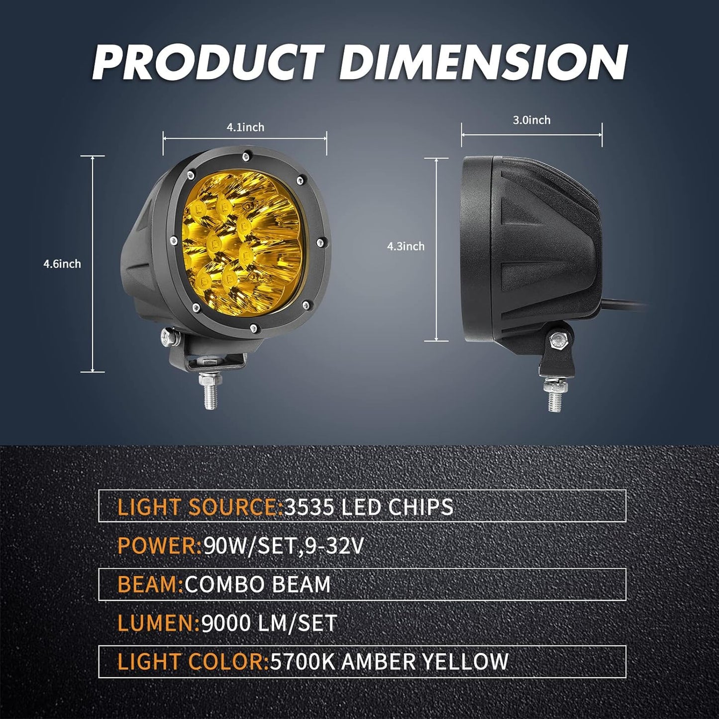 YCHOW-TECH 2PCS 4 Inch LED Amber Fog Lights 90W Yellow Round Offroad Light Bar Flood Beam Off Road LED Pods Bumper Ditch Lights Driving Work Light for Truck Boat Pickup ATV UTV SUV