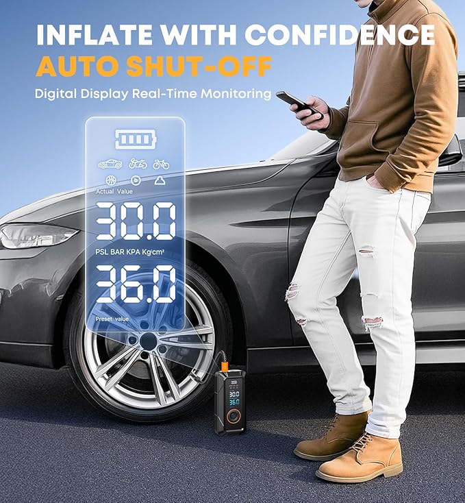 Tire Inflator Portable Air Compressor - Cordless & DC Inflation 4X Faster 150 PSI Portable Pump for Cars Bikes Motorcycles Balls with Pressure Gauge Function Air Compressor Tires Pump
