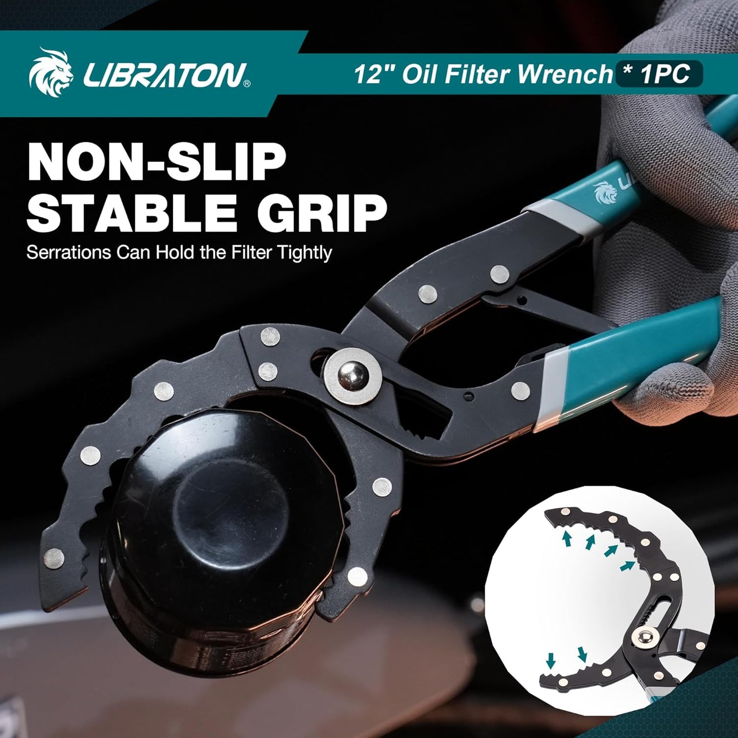 LIBRATON Oil Filter Wrench, 12" Oil Filter Pliers, Quick Adjustable Oil Filter Removal Tool with Spring Structure (2-3/8" to 4-3/4" Opening), One-Hand Use, for Cars, Motorcycles & Trucks
