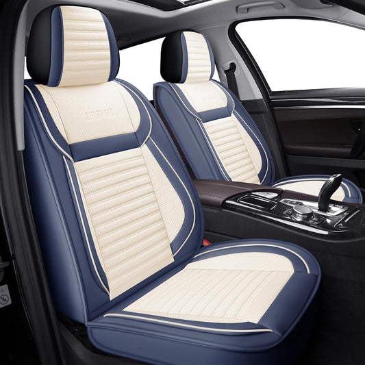 LINGVIDO Car Seat Covers, Breathable and Waterproof Faux Leather Automotive Seat Covers for Cars SUV Truck Sedan,Universal Anti-Slip Seat Cover with Backrest (Full Set, White & Blue)