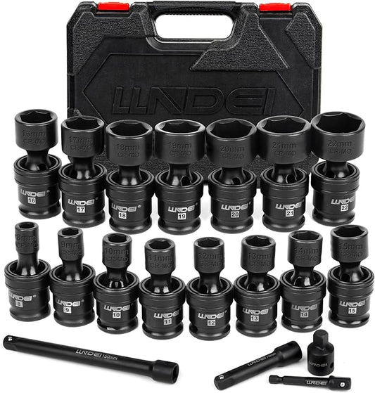 LLNDEI 3/8" Drive Universal Impact Socket Set, 19 Pieces CR-MO Swivel Socket Set, Metric(8-22mm) Wobble Sockets 6 Point with Extension Bars, Adapter and Black Organizer