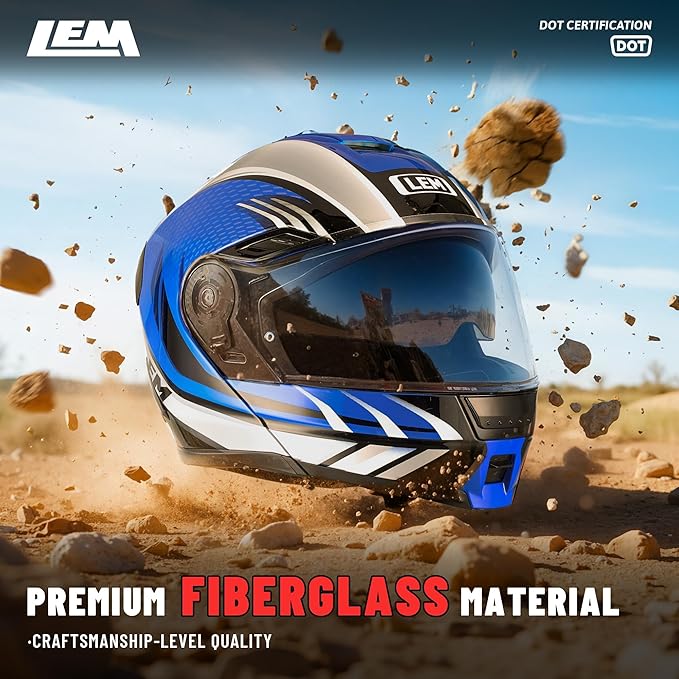 LEM Modular Motorcycle Helmets Fiberglass, Full Face Motorcycle Helmet Flip Up for Touring, DOT Certified, Release Sun Visor & Removable Comfort Liner, Lightweight Street Bike Helmet (Blue, XL)