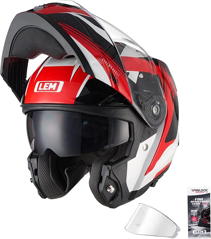 LEM Modular Motorcycle Helmets Fiberglass, Full Face Motorcycle Helmet Flip Up for Touring, DOT Certified, Release Sun Visor & Removable Comfort Liner, Lightweight Street Bike Helmet (Red/White,XL)