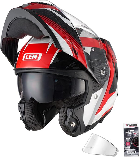 LEM Modular Motorcycle Helmets Fiberglass, Full Face Motorcycle Helmet Flip Up for Touring, DOT Certified, Release Sun Visor & Removable Comfort Liner, Lightweight Street Bike Helmet (Red/White,XL)