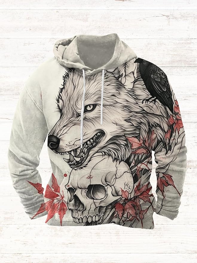 Mens Animal Print Graphic Hoodies Casual Long Sleeve Japanese Art Style Hooded Sweatshirt Lightweight Pullover Tops
