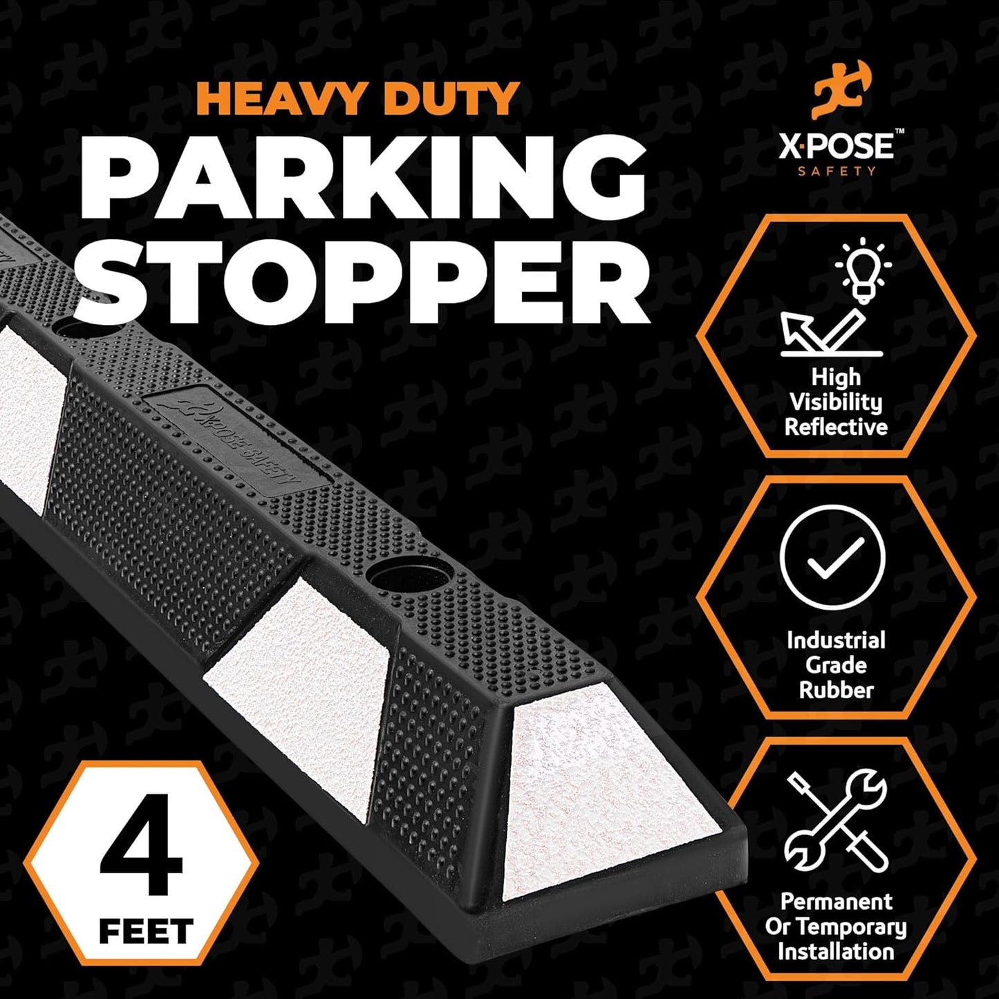 Xpose Safety 48" Heavy Duty Rubber Parking Stopper – 2 Pack Wheel Blocks for Garage, Driveway, or Ramp – Car Bumper Stop with White Reflective Strips – Removable Floor Mount