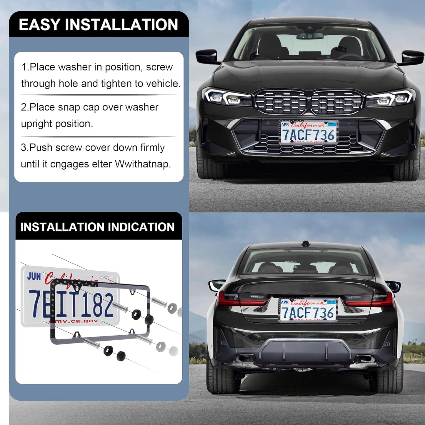 LivTee American Flag License Plate Frames, 4 Holes Stainless Steel License Plate Covers, 2PCS Car License Plate Holder, Automotive Exterior Accessories, Black-Gray